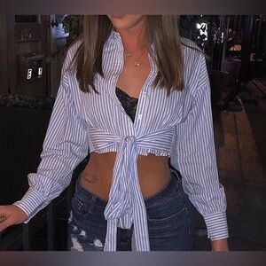 Crop Button Down Shirt with Tie